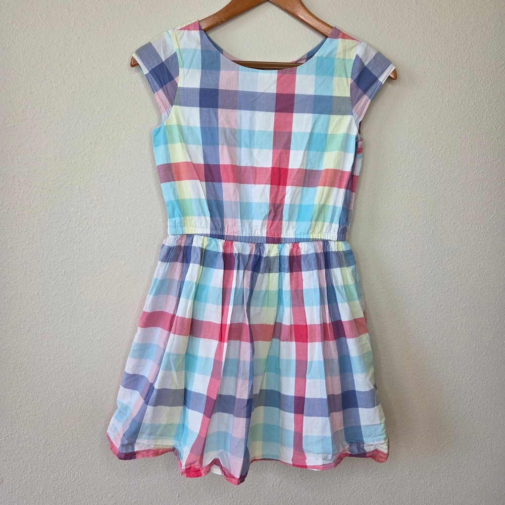 Gap Kids Girls XL 12 Rainbow Plaid Cotton Dress Cutout Back Pastel Summer